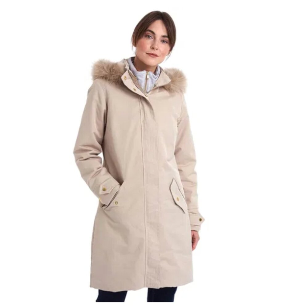 Barbour Puffer Jacket in Bute/Cream, Faux Fur Hood, Waterproof